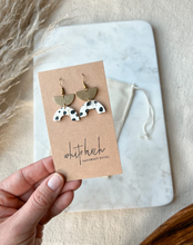 Load image into Gallery viewer, *SALE* Polka Dot Leather Arc & Brass Half Moon Earrings With Raw Brass Hook