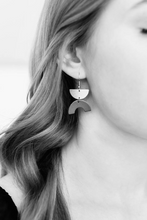 Load image into Gallery viewer, *SALE* Polka Dot Leather Arc & Brass Half Moon Earrings With Raw Brass Hook