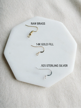 Load image into Gallery viewer, *SALE* Terrazzo Leather Small Crescent & Brass Ring Earrings With Raw Brass Hooks
