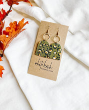 Load image into Gallery viewer, *SALE* Olive Cheetah Cork Leather with Brass Circle Earrings With Raw Brass Hook
