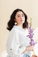 Load image into Gallery viewer, *SALE* Terrazzo Leather Half Moon & Brass Half Moon Dangle Earrings With Raw Brass Hook