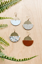 Load image into Gallery viewer, *SALE* Terrazzo Leather Half Moon & Brass Half Moon Dangle Earrings With Raw Brass Hook