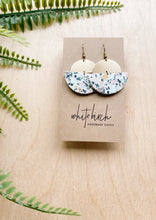 Load image into Gallery viewer, *SALE* Terrazzo Leather Half Moon & Brass Half Moon Dangle Earrings With Raw Brass Hook