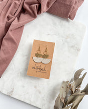 Load image into Gallery viewer, Mini Beige Leather & Brass Stacked Half Moon Dangle Earrings