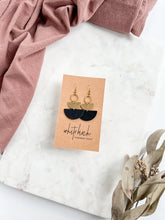 Load image into Gallery viewer, Mini Black Leather & Brass Stacked Half Moon Dangle Earrings