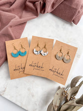 Load image into Gallery viewer, *SALE* Grey Taupe Leather Small Crescent & Brass Ring Earrings