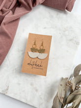 Load image into Gallery viewer, Mini Beige Leather & Brass Stacked Half Moon Dangle Earrings