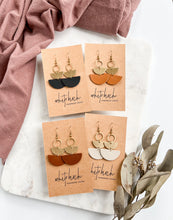 Load image into Gallery viewer, Mini Biscuit Brown Leather & Brass Stacked Half Moon Earrings