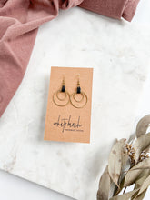 Load image into Gallery viewer, Black Leather Oval & Double Brass Circles Earrings