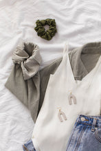 Load image into Gallery viewer, *SALE* Taupe Chevron Cork Leather Arch Earrings With Raw Brass Hook