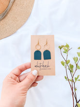 Load image into Gallery viewer, Dark Green Leather with Brass Circle Earrings