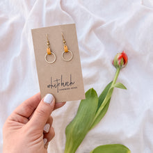 Load image into Gallery viewer, Mustard Yellow Leather & Small Brass Circle Earrings