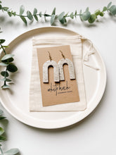 Load image into Gallery viewer, *SALE* Taupe Chevron Cork Leather Arch Earrings With Raw Brass Hook