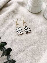 Load image into Gallery viewer, *SALE* Black and White Polka Dot Cork Leather with Brass Circle Earrings With Raw Brass Hook