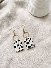 Load image into Gallery viewer, *SALE* Black and White Polka Dot Cork Leather with Brass Circle Earrings With Raw Brass Hook