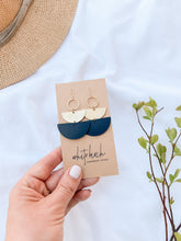 Load image into Gallery viewer, Black Leather & Brass Accent Half Moon Stacked Dangle Earrings