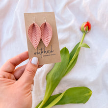 Load image into Gallery viewer, Peach Braided Leather Leaf Earrings