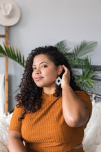 Load image into Gallery viewer, *SALE* Boho Aztec Black and White Print Cork Leather Earrings With Raw Brass Hook