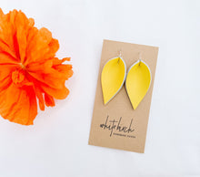Load image into Gallery viewer, *SALE* Canary Yellow Leather Small Leaf Earrings With Raw Brass Hook