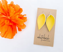 Load image into Gallery viewer, *SALE* Canary Yellow Leather Small Leaf Earrings With Raw Brass Hook