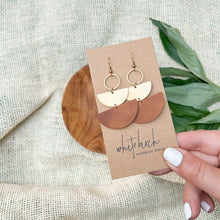 Load image into Gallery viewer, Distressed Russet Leather & Brass Stacked Half Moon Dangle Earrings