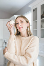 Load image into Gallery viewer, *SALE* Taupe Chevron Cork Leather Arch Earrings With Raw Brass Hook