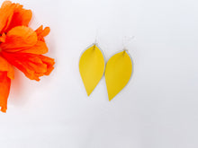 Load image into Gallery viewer, *SALE* Canary Yellow Leather Small Leaf Earrings With Raw Brass Hook