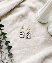 Load image into Gallery viewer, Black and White Polka Dot Cork Leather with Brass Circle Earrings