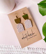 Load image into Gallery viewer, oblong stacked dusty pink leather earrings with a triangle embossed texture