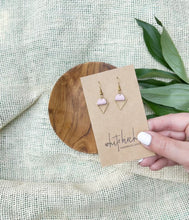 Load and play video in Gallery viewer, Soft Pink Leather & Brass Triangle Earrings