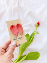 Load and play video in Gallery viewer, *SALE* Coral Leather Small Leaf Earrings With Sterling Silver Hook