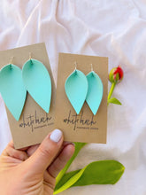 Load and play video in Gallery viewer, Robins Egg Blue Teal Leather Leaf Earrings