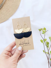Load and play video in Gallery viewer, Black Leather & Brass Accent Half Moon Stacked Dangle Earrings