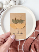 Load and play video in Gallery viewer, Distressed Tan Leather & Brass Half Moon Stacked Dangle Earrings