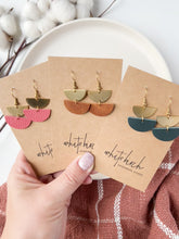 Load and play video in Gallery viewer, Mini Coral Leather Half Moon and Brass Earrings