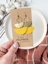 Load and play video in Gallery viewer, Saffiano Yellow Leather & Brass Stacked Half Moon Dangle Earrings