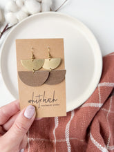 Load and play video in Gallery viewer, Bruma Brown Leather & Brass Half Moon Stacked Dangle Earrings