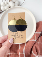 Load and play video in Gallery viewer, Large Black Leather & Brass Half Moon Stacked Statement Earrings
