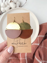 Load and play video in Gallery viewer, Large Brown Leather & Brass Half Moon Stacked Statement Earrings
