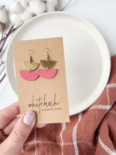 Load and play video in Gallery viewer, Mini Coral Leather Half Moon and Brass Earrings