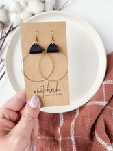 Load and play video in Gallery viewer, Distressed Black Leather & Brass Circle Earrings