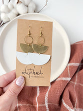 Load and play video in Gallery viewer, White Saffiano Leather & Brass Stacked Half Moon Dangle Earrings