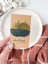 Load and play video in Gallery viewer, Large Dark Teal Leather & Brass Half Moon Stacked Dangle Earrings