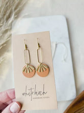 Load and play video in Gallery viewer, Tan Brown Leather & Brass Sunburst Geometric Earrings