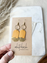 Load and play video in Gallery viewer, Mustard Yellow Leather & Brass Sunburst Geometric Earrings