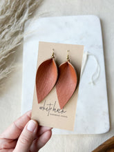 Load and play video in Gallery viewer, Yukon Cognac Leather Leaf Earrings