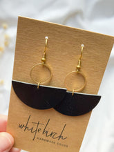 Load and play video in Gallery viewer, Black Leather Half Moon & Brass Circle Dangle Earrings