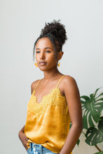 Load image into Gallery viewer, Mustard Yellow Leather Petal Hoop Earrings.