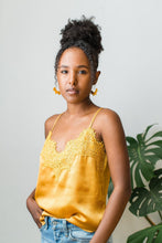 Load image into Gallery viewer, Mustard Yellow Leather Petal Hoop Earrings.