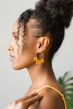 Load image into Gallery viewer, Mustard Yellow Leather Petal Hoop Earrings.